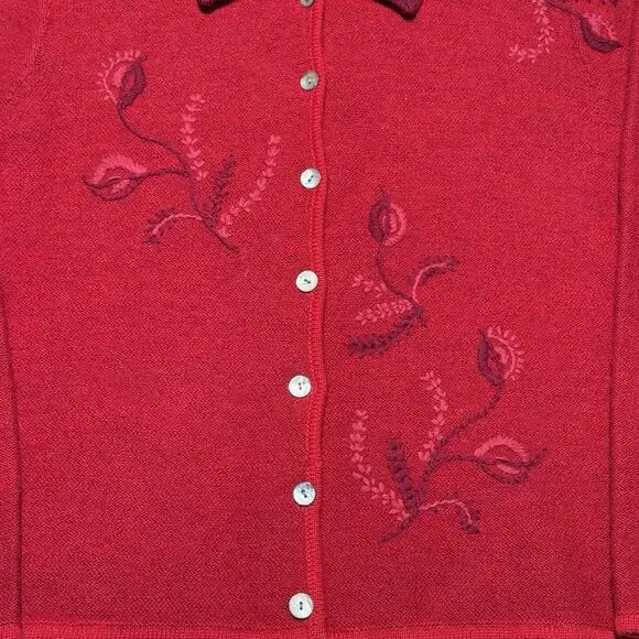 KAREN SCOTT Holiday Cardigan 100% Pure Wool Red Embroidered Sweater Jacket Sz M - Picture 3 of 11